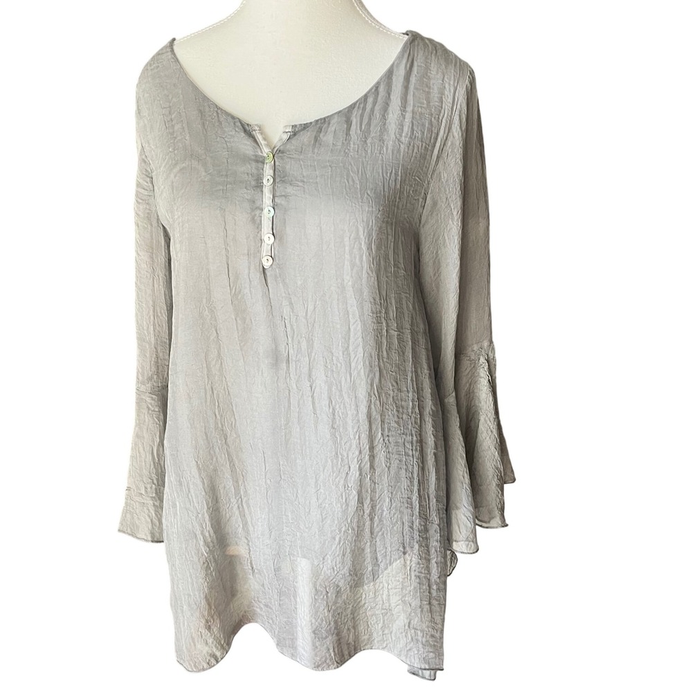 Shana Womens Tunic‎ Top Medium Gray Long Sleeve Button Front Lightweight Blouse